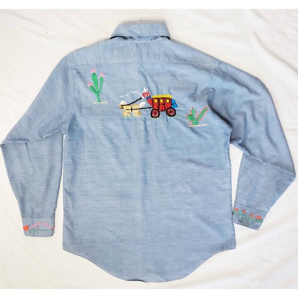 Vintage JC Penny Big Mac Mens Chambray Custom Hand Embroidered Golf Shirt - Picture 3 of 9